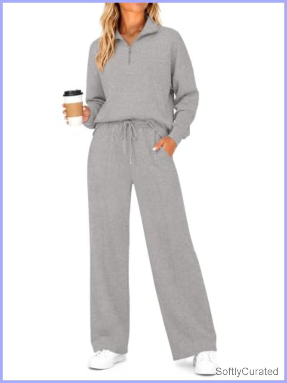 2 Piece Sweatsuit Lapel Half Zip Top & Wide Leg Pants Lounge Set Workout